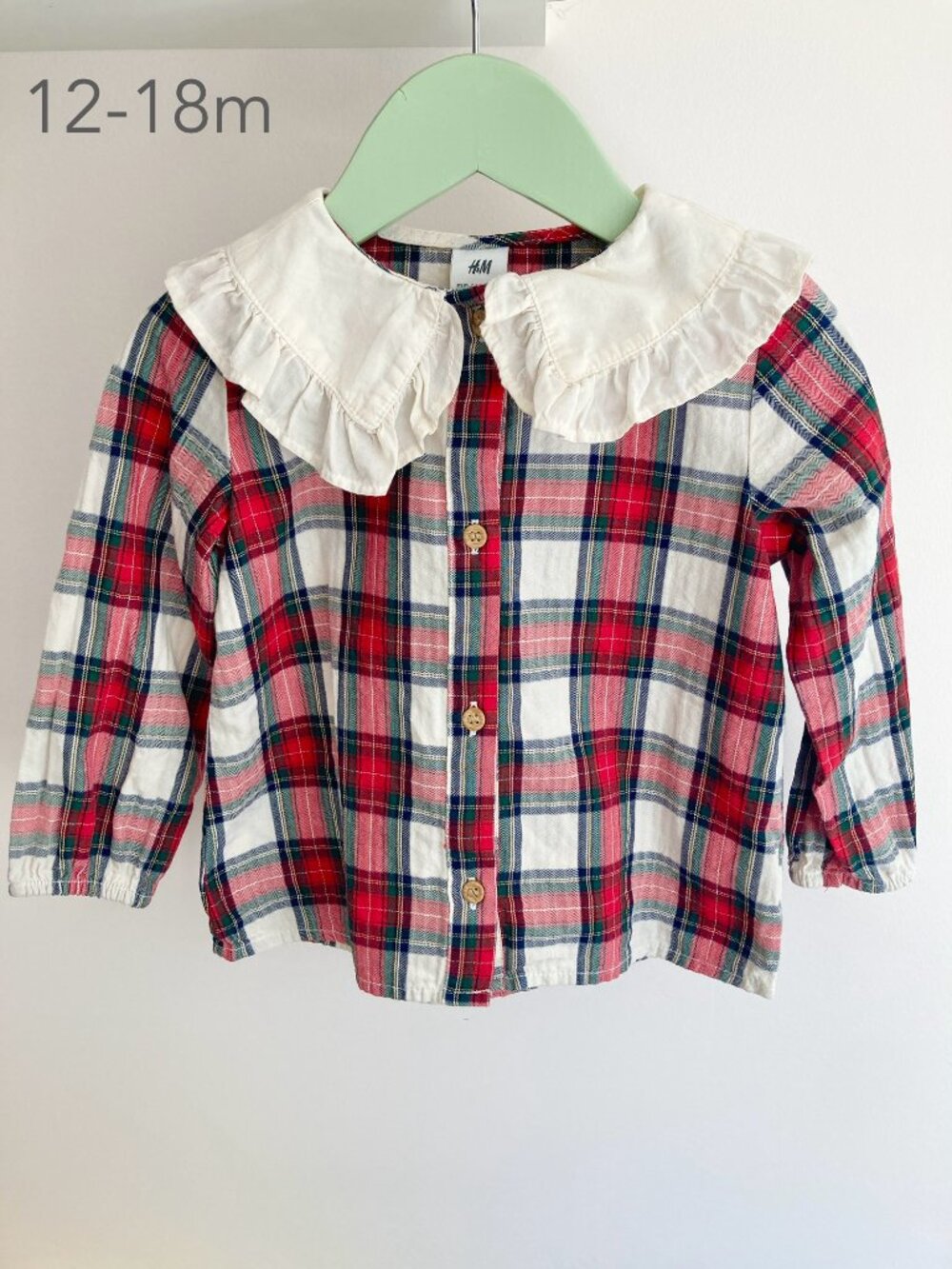 🪴5/$30 H&M 12-18 Months Toddler Baby Plaid Red Peter Pan Collar Christmas Top